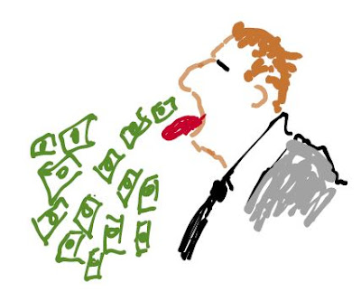 cartoon: man in suit with dollar bills spewing from his mouth