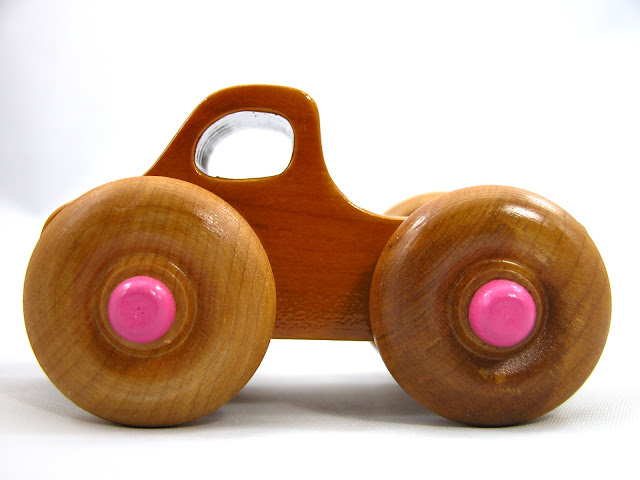 Handmade Wooden Toy - Play Pal - Monster Truck - Pink Hubs - Amber Shellac - Pine