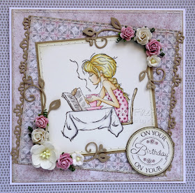 Handmade card in soft grey/pink featuring girl with coffee (image from LOTV)