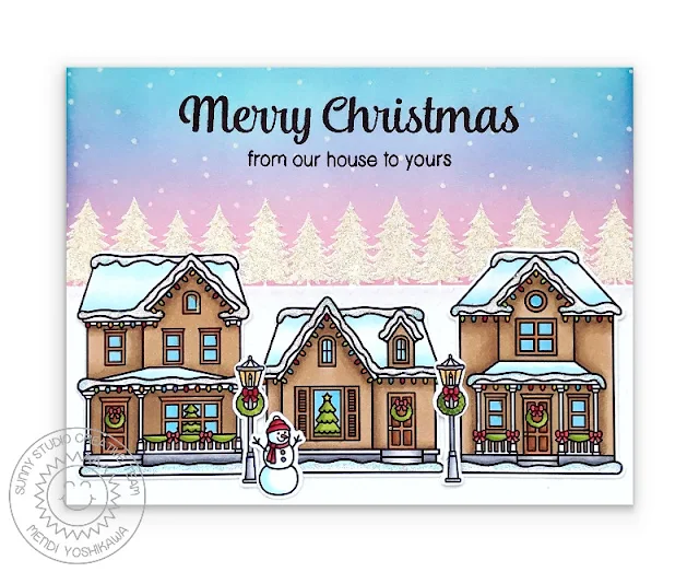 Sunny Studio Blog: Merry Christmas From Our House To Yours Neighborhood Homes with Glittery Snow, Snowman, Pink Sunset and Snowflakes Handmade Holiday Card (using Victorian Christmas, Christmas Home, Here Comes Santa & Merry Sentiments Stamps)