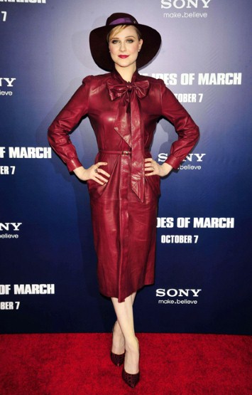 Evan Rachel Wood and her beetroot gizzards coloured leather pussy bow trench