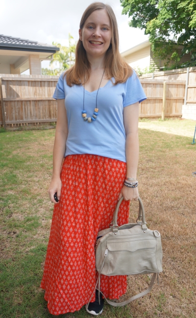 blue v-neck tee and red printed maxi skirt with grey Rebecca Minkoff mam bag |awayfromblue