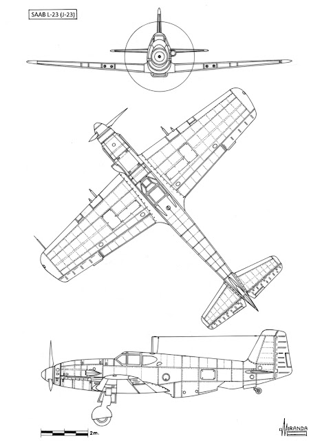 Saab L 23 three view drawing by Justo Miranda