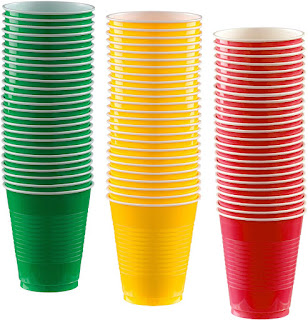 red, yellow, and green party cups