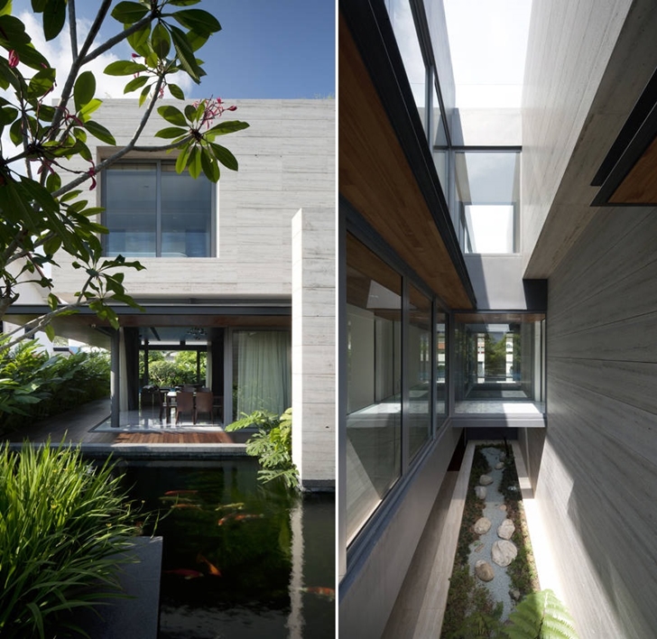 Pond and hallway in Travertine Dream House by Wallflower Architecture + Design