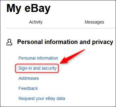 خيار قائمة "تسجيل الدخول والأمان" في ebay.