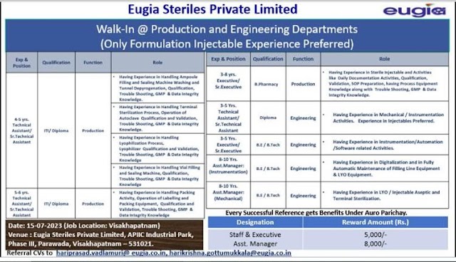 Eugia Steriles | Walk-in interview for Production & Engg on 15th July 2023