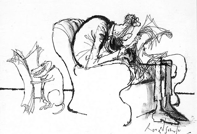 Ronald Searle, a man and his dog, each reading their newspaper