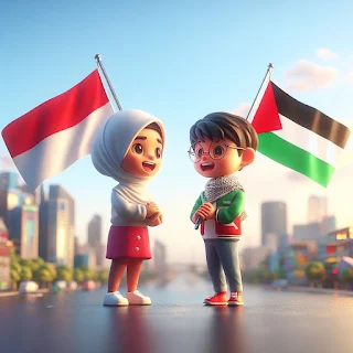 Gambar Anak Laki Laki dan Anak Perempuan Membawa Bendera Palestina dan Indonesia di Jalan Latar Belakang Kota Besar Cuaca Cerah Lucu 3D