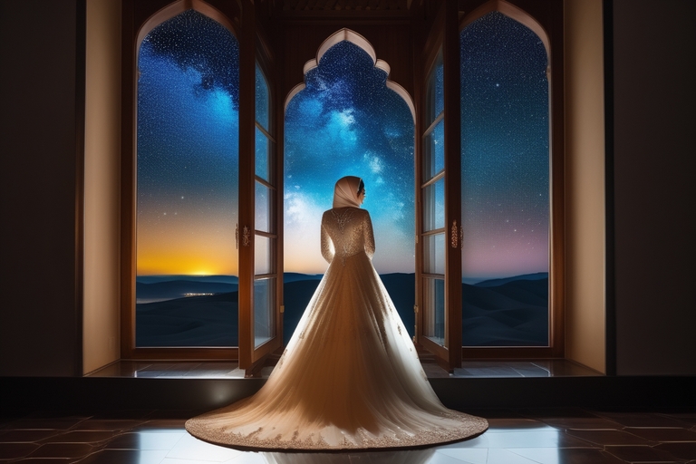 Une mariée musulmane qui regarde un ciel étoilé par une fenêtre, symbolisant le rêve du mariage en Islam et des différents cas qui peuvent se présenter comme la demande, l'annulation, le refus ou se marier avec un mort