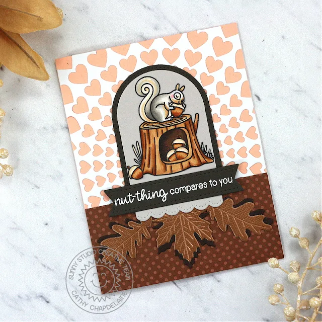 Sunny Studio Stamps: Squirrel Friends Autumn Card by Cathy Chapdelaine (featuring Bursting Heart Dies, Stitched Arch Dies, Mini Mat & Tag Dies, Autumn Greenery)