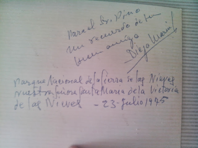 Reverso de la fotografía que D. Diego Marín Sepúlveda dedica a mi padre, José Pino Rivera, por entonces Agente Forestal del ICONA en Yunquera. Fuente: Archivo personal de José Pino Rivera.