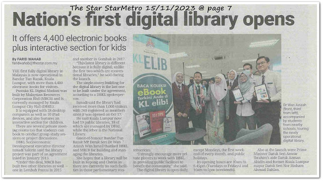 Nation's first digital library opens ; It offers 4,400 electronic books plus interactive section for kids - Keratan akhbar The Star 15 November 2023