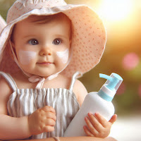 Baby wearing sunscreen outdoors with sun protection, a sun hat, and a safe environment.