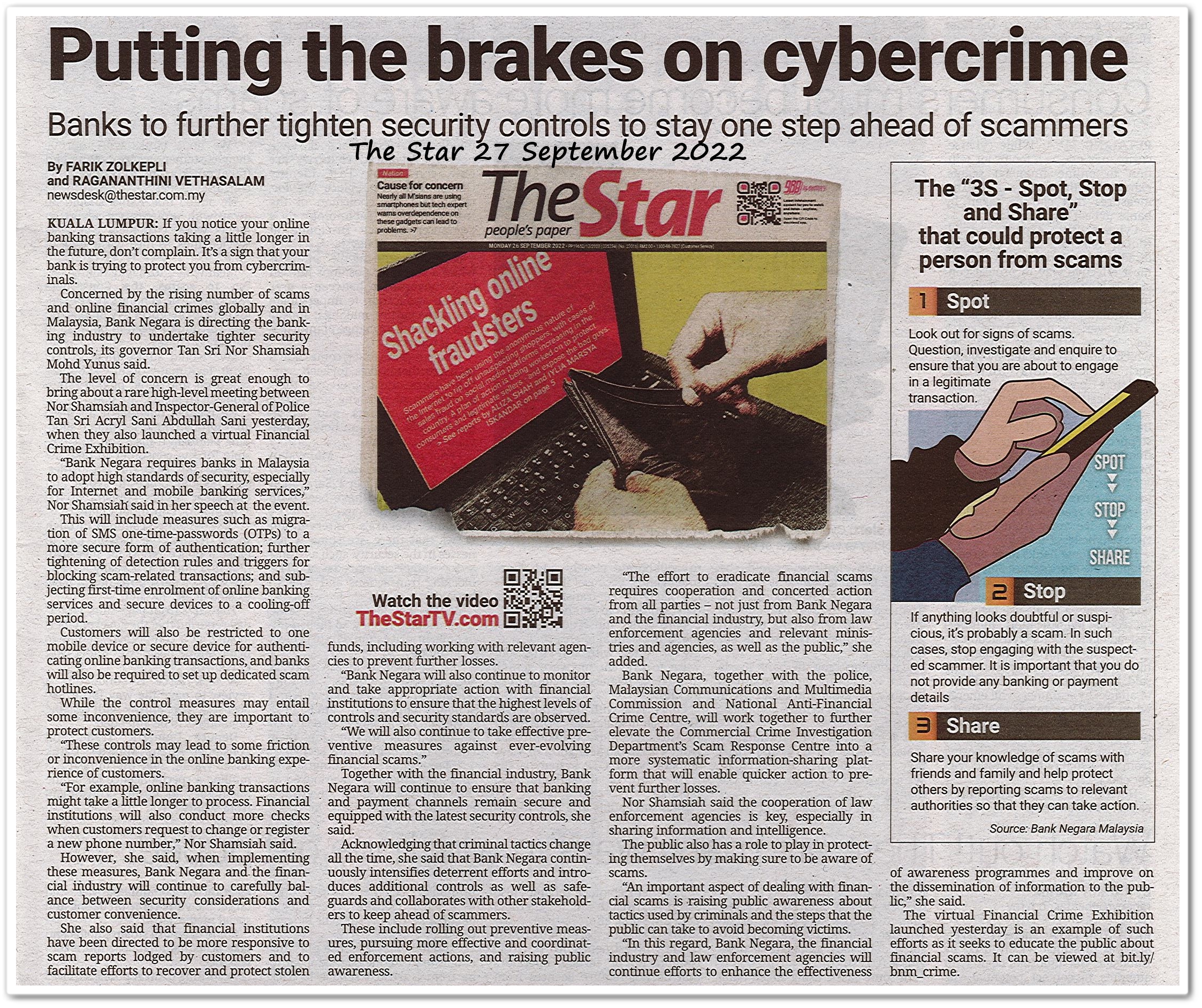 Cybercriminals beware ; Putting the brakes on cybercrime - Keratan akhbar The Star 27 September 2022