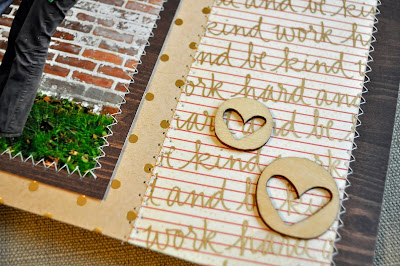 12x12 scrapbook layout kids child family gold foil polka dots kraft brown woodgrain transparency text typography red stripes white zigzag machine stiching stitched alphabet thanksgiving christmas holiday page glitter polaroid frame heart wood veneer chipboard