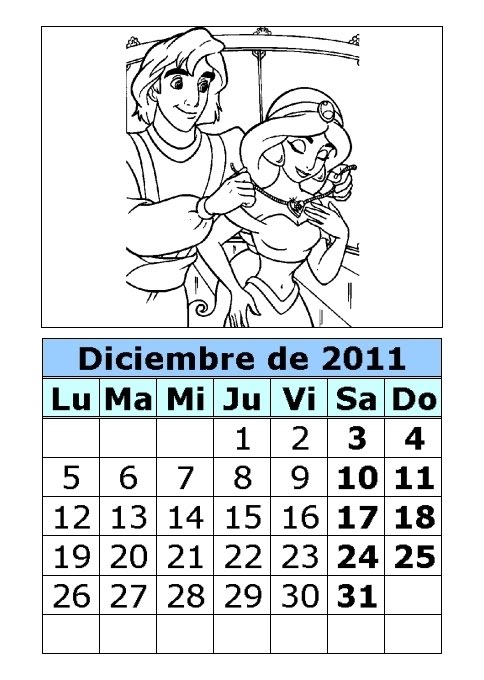 Princesas Para Colorear. Calendario de princesas para