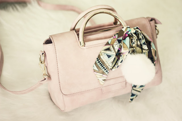  pink handbag with scarf ribbon and pompom