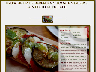 Imagen con foto y texto de una receta de cocina: bruscheta de berenjena, tomate y queso con pesto de nueces. Recetario Cuídate 10.