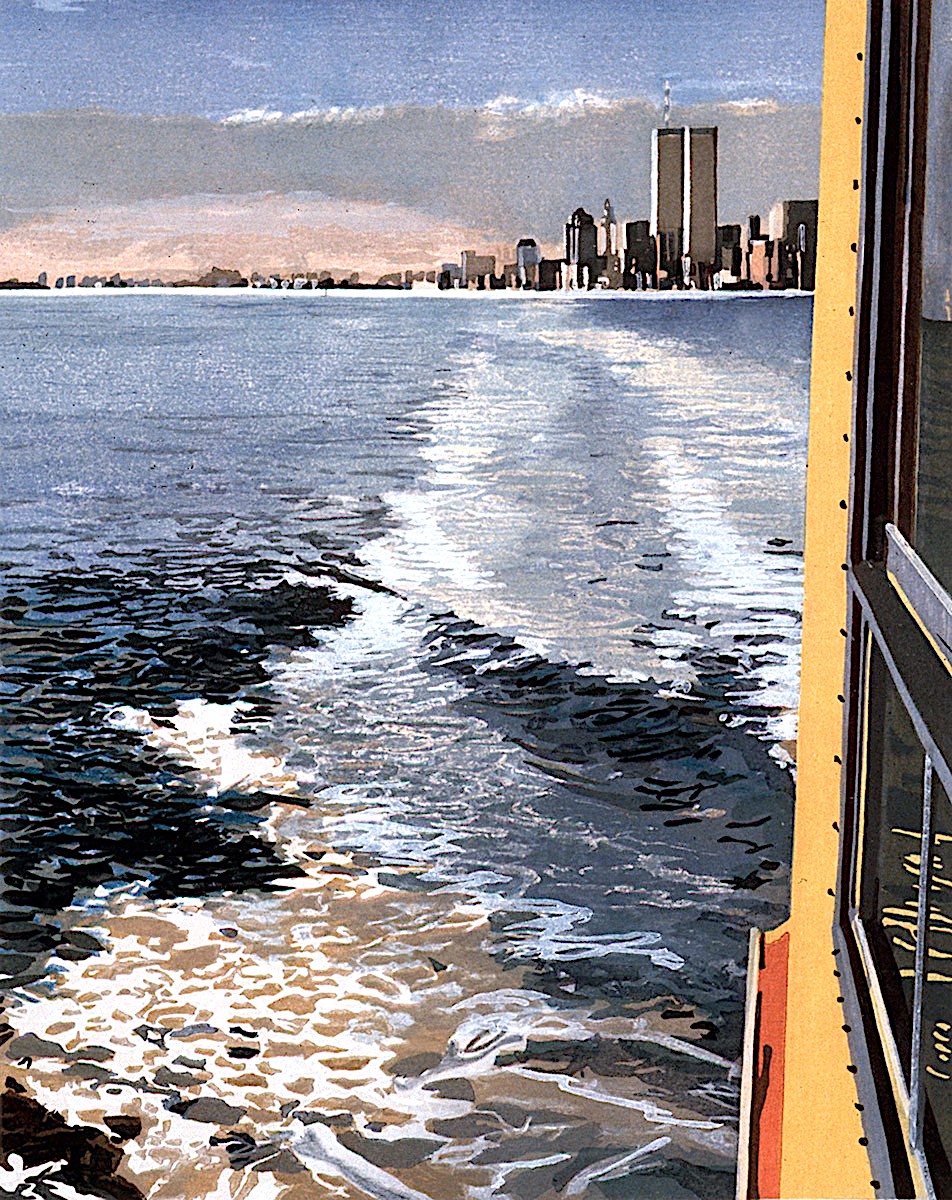 Richard Estes art, an urban harbor ferry wake