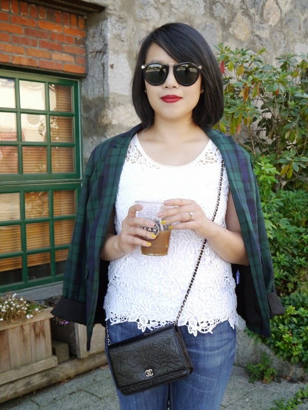 Transitional summer-to-fall dressing: Plaid blazer, white lace top, Chanel WOC, red lipstick, Karen Walker sunnies