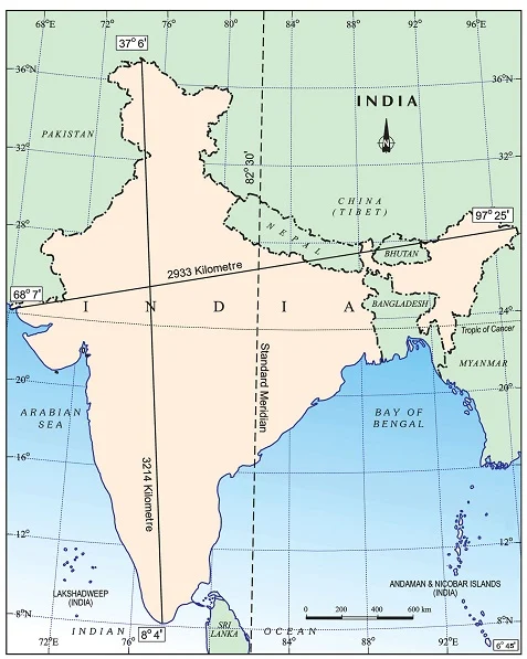 India - Size and Location Important map