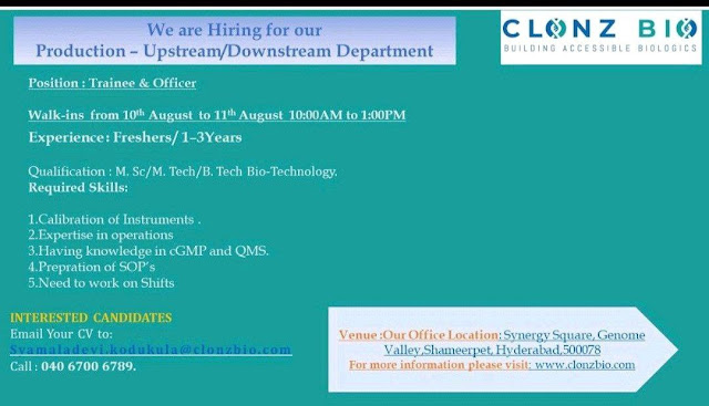 CLONZ BIO Walk In Interview For Fresher and Experienced MSc/ MTech/ BTech Bio-Technology