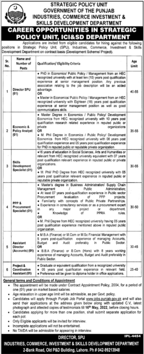 Latest Industries Commerce & Investment Department Management Posts Lahore 2022