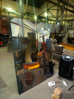 Oil painting of blacksmith forging in the Australian Technology Park, Eveleigh Railway Workshops by industrial heritage artist Jane Bennett