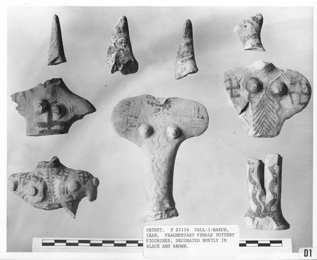 Fragments of figurines from Tall-e Bakun, Iran. Figurines have different types of swastikas.