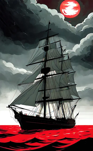 "um sinistro lobisomem preto sobre as quatro patas e de olhos vermelhos está em um navio a velas durante uma noite escura e tempestuosa com raios e neblina em alto mar"