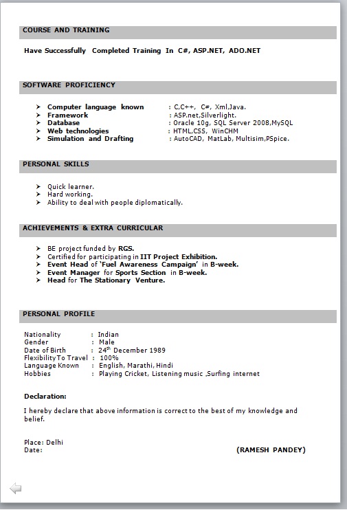Download IT Fresher Resume Format in Word