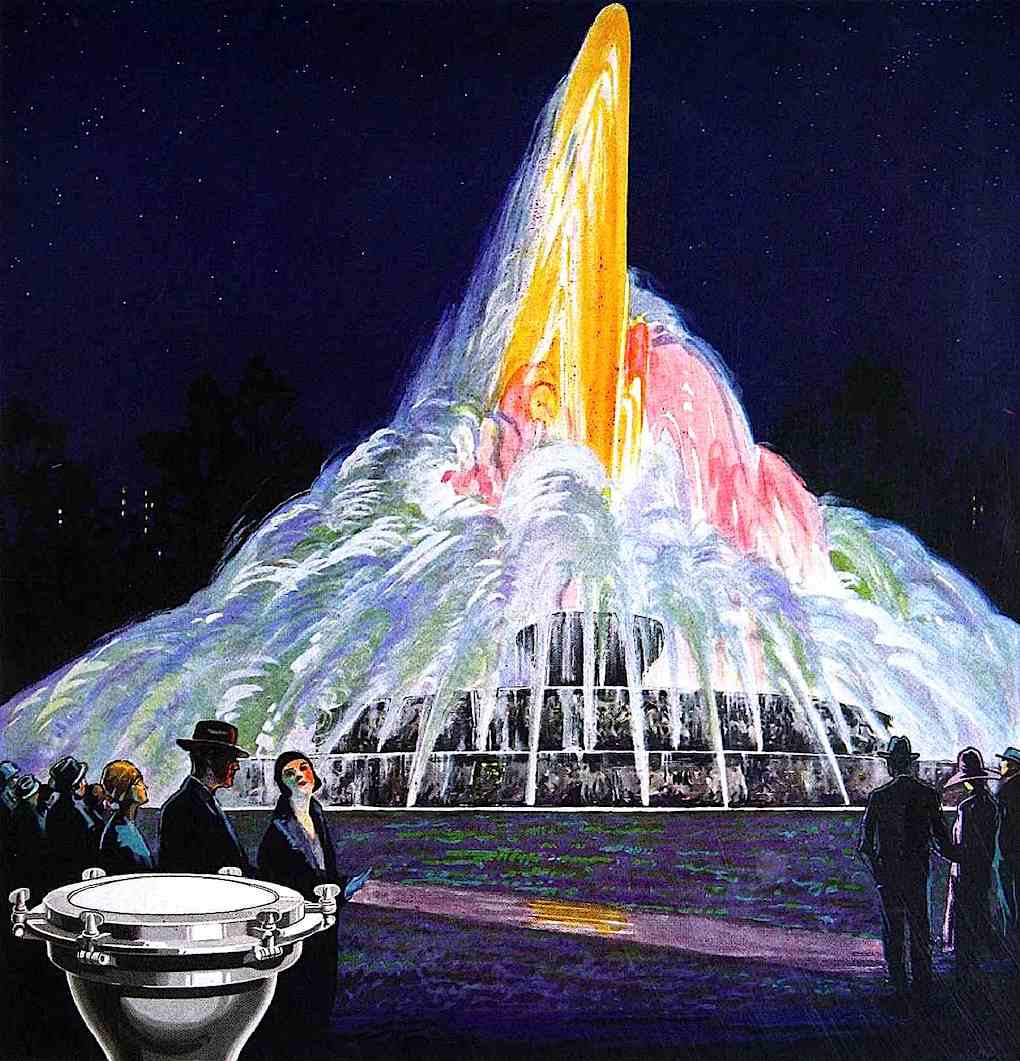 a 1929 water fountain with colored lighting from an industry equipment catalog