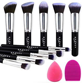 BEAKEY Makeup Brush Set, Premium Synthetic Kabuki Foundation Face Powder Blush Eyeshadow Brushes Makeup Brush Kit with Blender Sponge and Brush Cleaner (10+2pcs, Black/Silver)