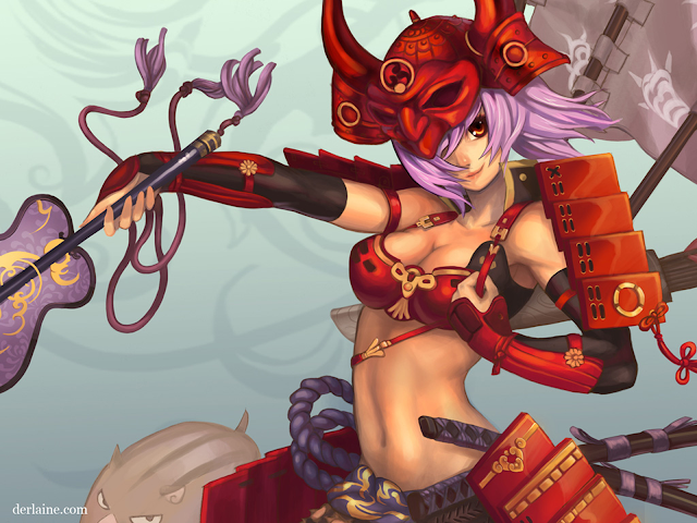    Red Samurai Armor Helmet Katana Cleavage Female Girl Anime HD Wallpaper Desktop PC Background 2037