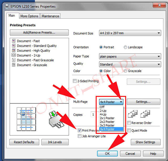 Cara Print Ukuran Poster Dengan Kertas A4 Di Printer Epson L210,L220