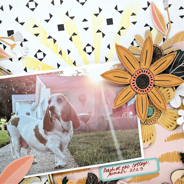 How to use a stencil to add sun rays to a photo on a scrapbook layout.
