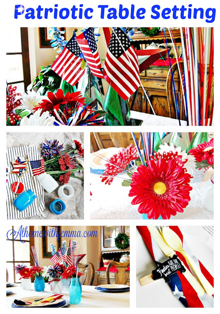 red ribbon, blue, flag, stars, flowers, mason jars, painted