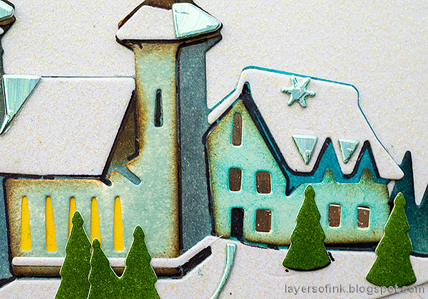 Layers of ink - Peaceful Winter Village Circle Wall-Hanging Tutorial by Anna-Karin Evaldsson. Die cut Tim Holtz Holiday Village.