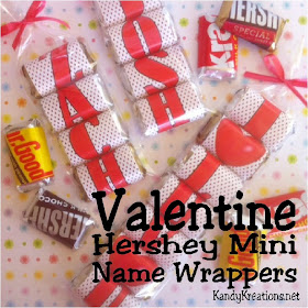 Give your Valentine a unique and personalized Valentine treat with these Valentine Hershey mini candy bar wrappers.  Wrap a Hershey mini candy bar with all the right letters to spell your Valentine's name or a fun love message.  Great idea for class Valentines, office Valentines, or just a friendly "thinking of you!"