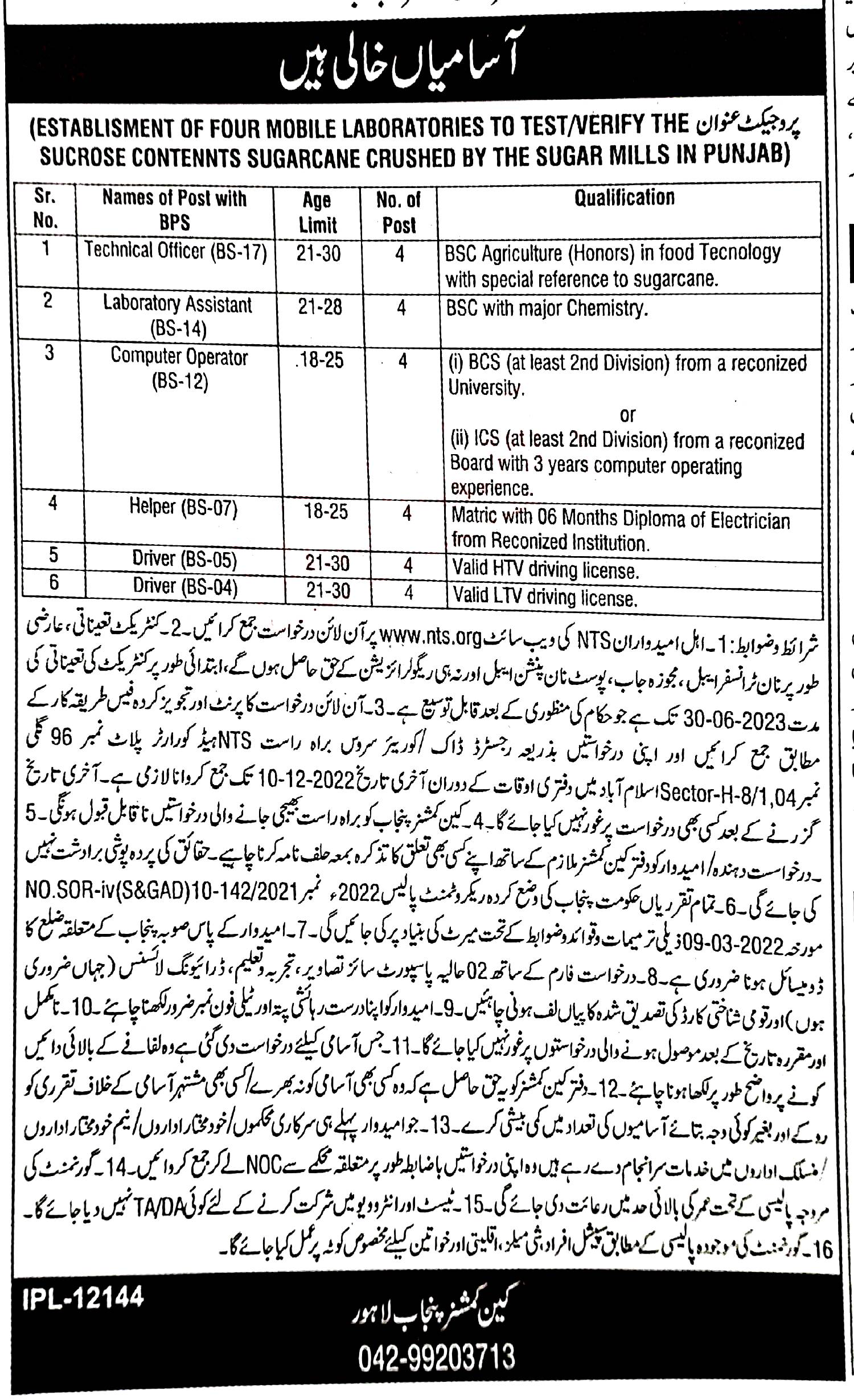 Office of the Cane Commissioner Punjab Jobs 2022