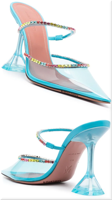 ♦Pantone Blue Atoll Amina Muaddi Gilda glass embellished mules #aminamuaddi #pantone #shoes #blue #brilliantluxury