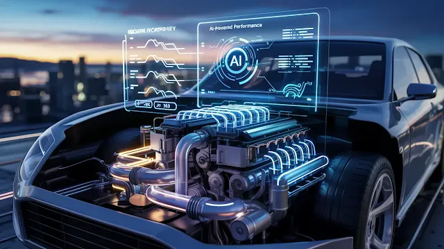 A futuristic automotive illustration showcasing an open car engine revealing intricate AI circuitry integrated within its components. The engine block is crafted from polished titanium with glowing blue conduits tracing complex pathways. A holographic display overlays the engine, visualizing data streams and efficiency metrics related to "AI-Powered Performance", casting a soft blue glow across the surrounding components.