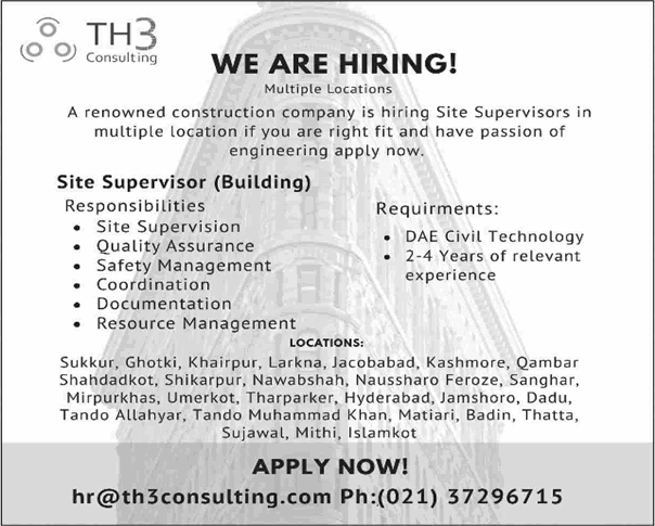 Construction Company Jobs In Pakistan Site Supervisors TH3 Consulting