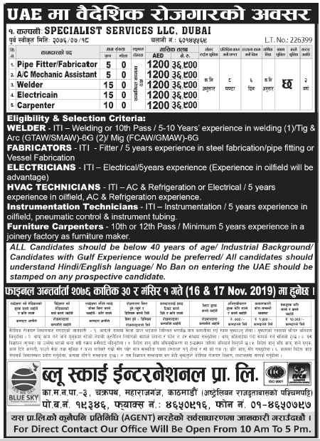 Jobs in UAE for Nepali, Salary Rs 36,900