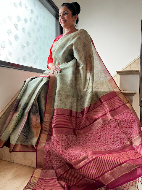 Elegance Redefined: Light Green and Red Digital Print Silk Chanderi Sarees with Hand-Done Tassels