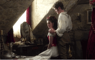 Francis Poldark looks despondent as prostitute margaret take his hand from in front of him