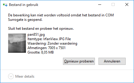 Windows-melding 'De bewerking kan niet worden voltooid omdat het bestand in COM Surrogate is geopend.'