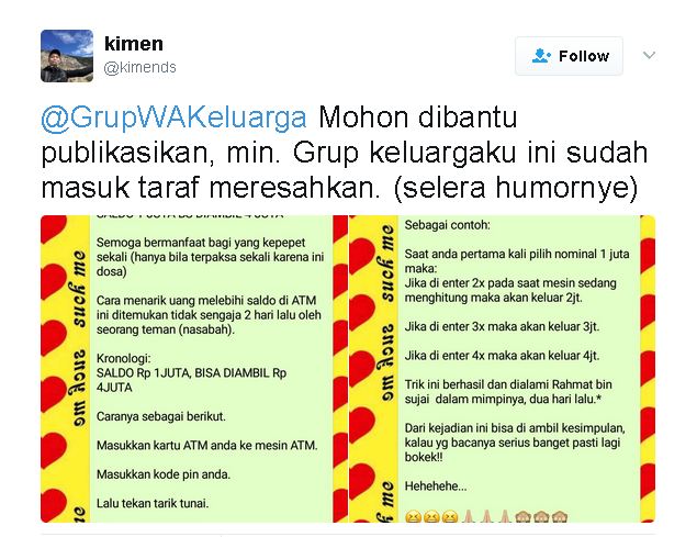 Tips 'Bobol' ATM dari Grup Whatsapp Ini Bikin Ngakak Lahir Batin