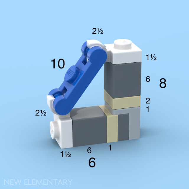 The same image of a small Lego triangle as before, but now with dimensions in LU marked on it. Key measurements are described in the text below.